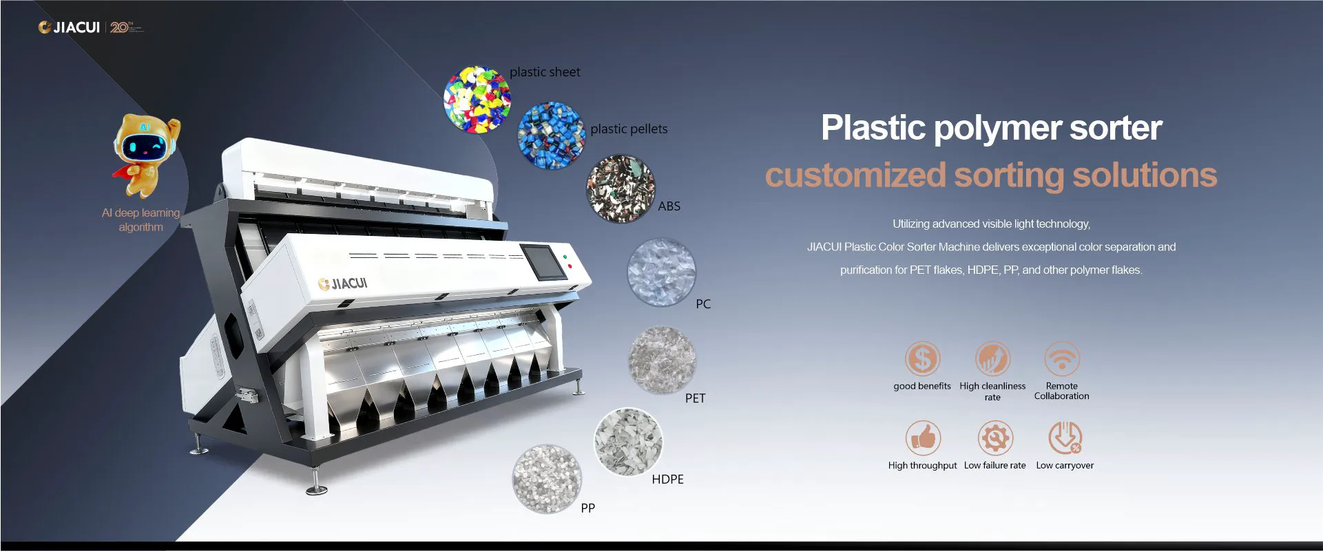 JIACUI Plastic Color Sorter ensuring 99.9% purity for high-quality recycled plastic pellets